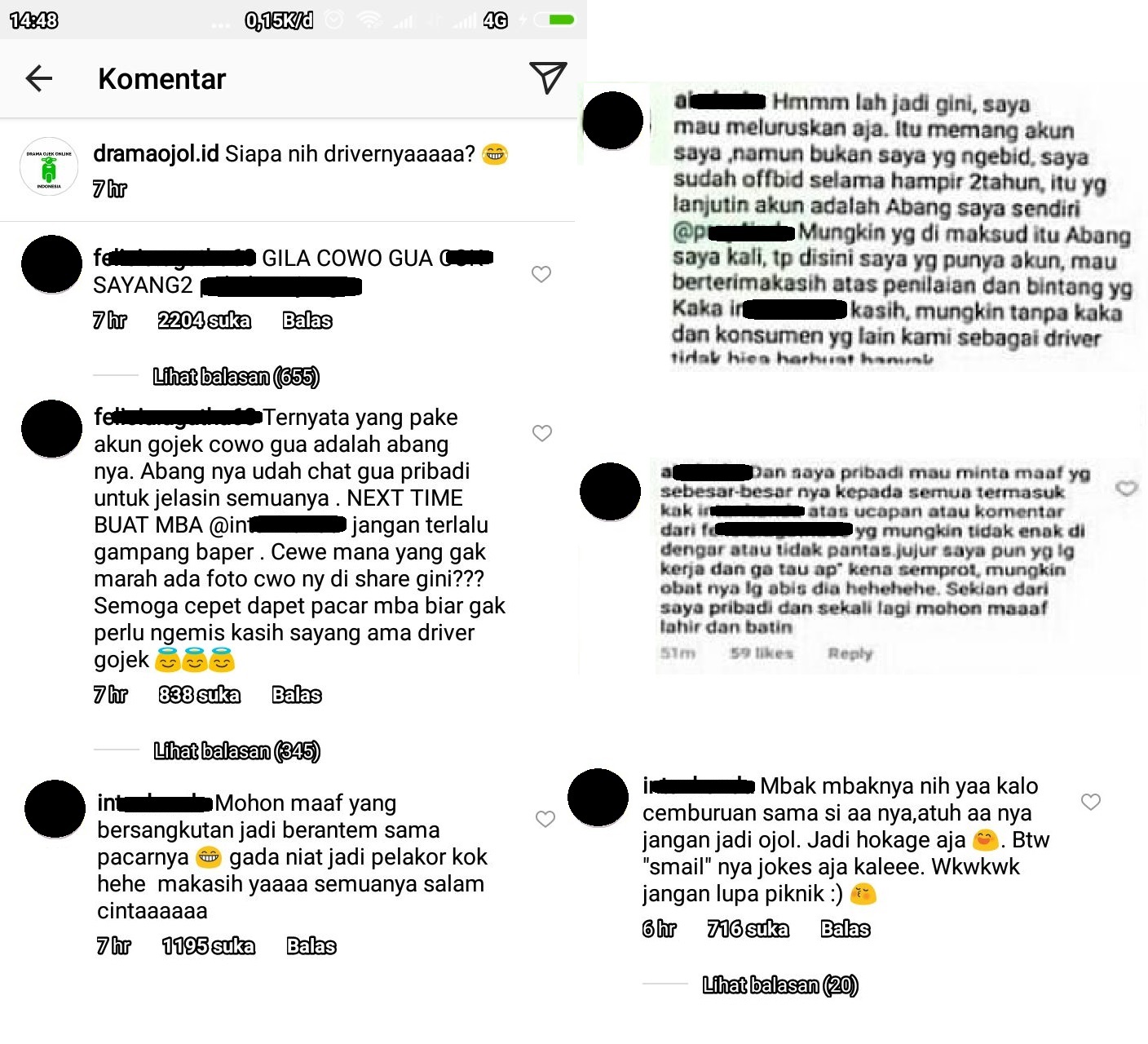 Ringkasan chat driver, pacar si driver, dan si customer. Screenshots Instagram