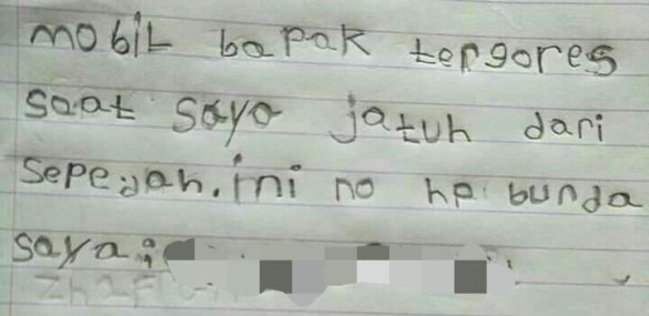 Foto viral surat permintaan maaf anak 6 tahun yang menyerempet mobil. (Nomor HP telah disensor untuk menjaga privasi)